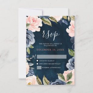 Navy Blue Blush Pink Rose Boho Wedding RSVP Card