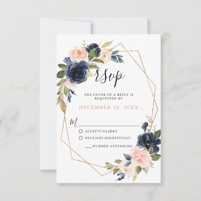 Navy Blue Blush Pink Rose Boho Wedding RSVP Card (Front)