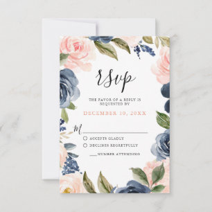 Navy Blue Blush Pink Rose Boho Wedding RSVP Card