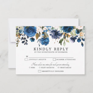 Navy Blue Blush Pink Rose Boho Wedding RSVP Card