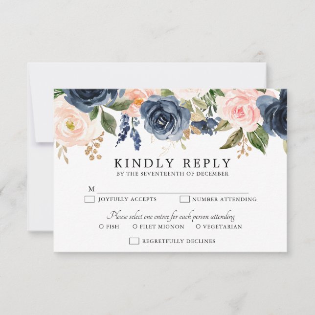 Navy Blue Blush Pink Rose Boho Wedding RSVP Card (Front)