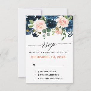 Navy Blue Blush Pink Rose Boho Wedding RSVP Card