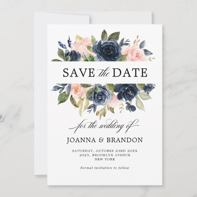 Navy Blue Blush Pink Rose Boho Wedding Save The Date (Front)