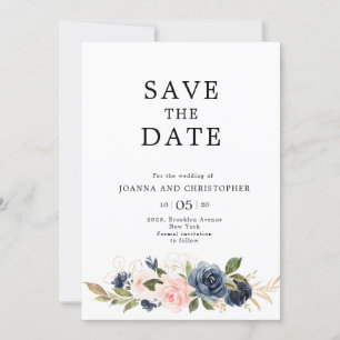 Navy Blue Blush Pink Rose Boho Wedding Save The Date