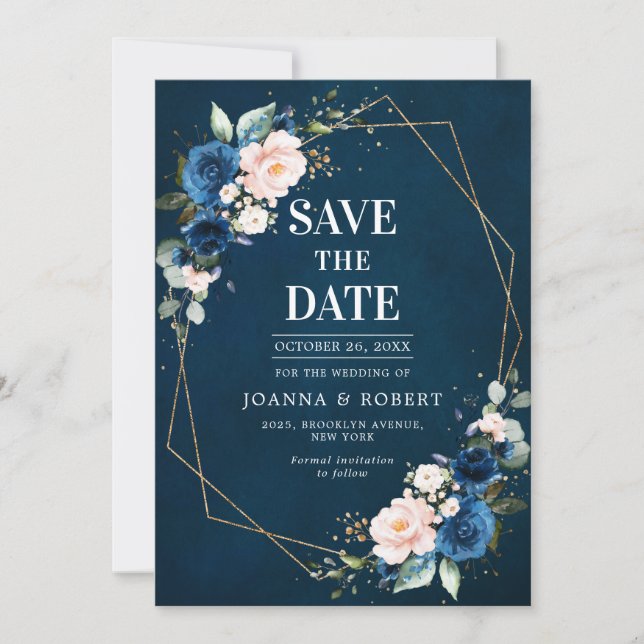 Navy Blue Blush Pink Rose Boho Wedding Save The Date (Front)