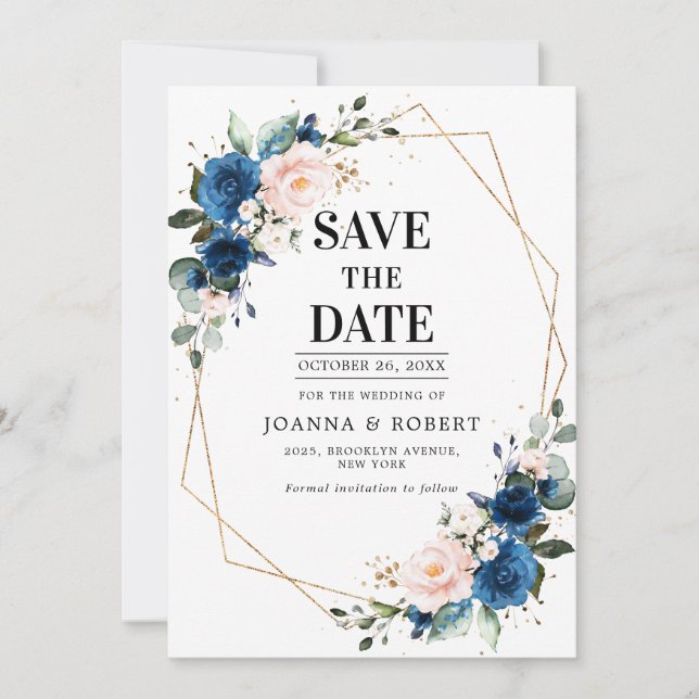 Navy Blue Blush Pink Rose Boho Wedding Save The Date (Front)