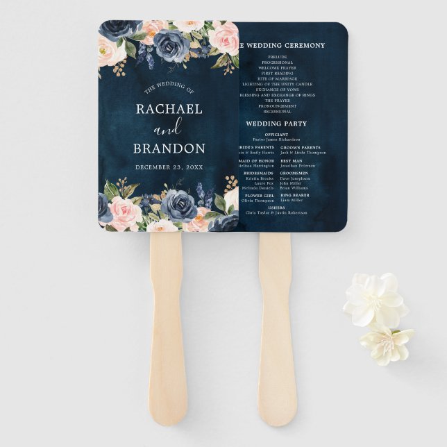 Navy Blue Blush Pink Rose Botanical Hand Fan (Front and Back)