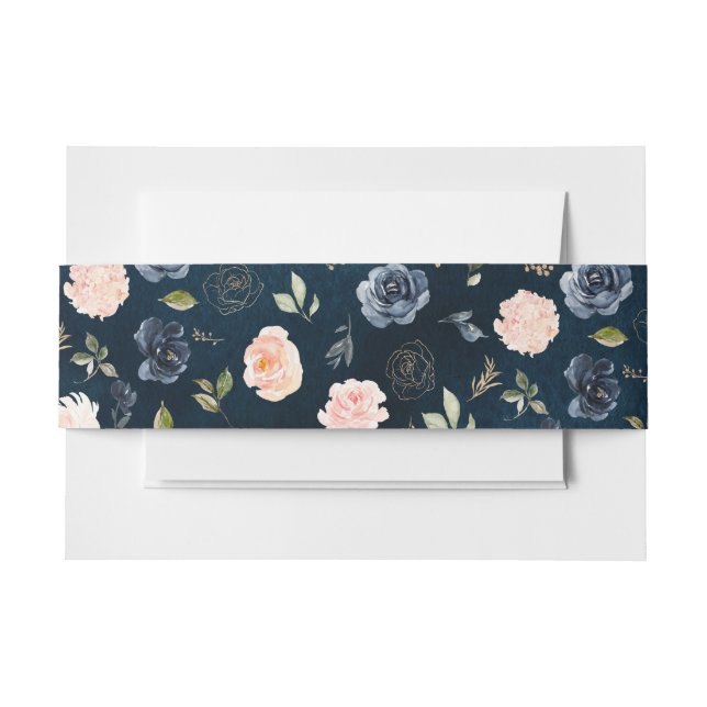 Navy Blue Blush Pink Rose Botanical Invitation Belly Band (Front Example)