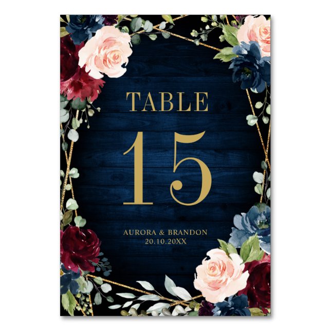 Navy Blue Blush Pink Rose Botanical Table Number (Front)