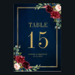 Navy Blue Blush Pink Rose Botanical Table Number<br><div class="desc">Elegant and modern romantic geometric watercolor floral wedding table number card features a beautiful burgundy / marsala , blush pink, peach , navy blue watercolor roses with matching foliage on navy blue rustic wood background and gold frame. Perfect for a fall / midsummer wedding. Please find more matching designs and...</div>