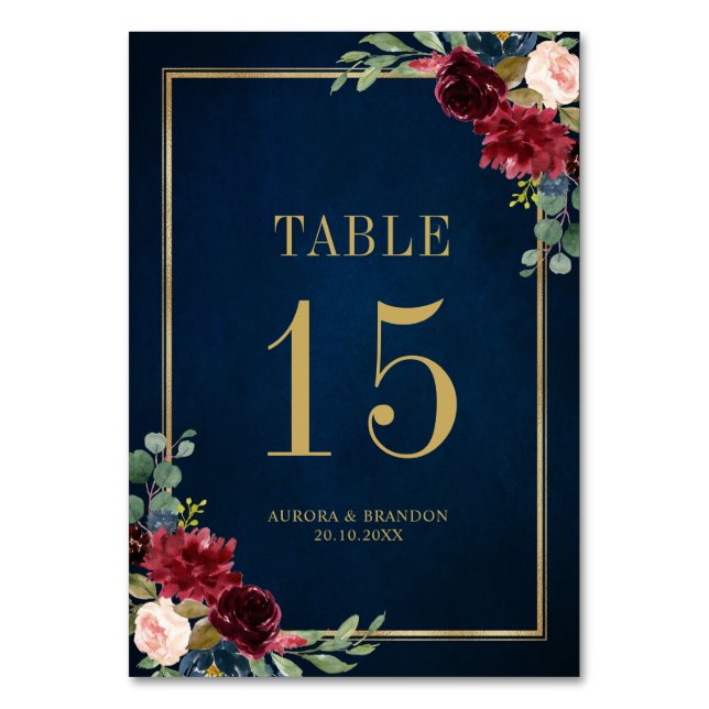 Navy Blue Blush Pink Rose Botanical Table Number (Front)
