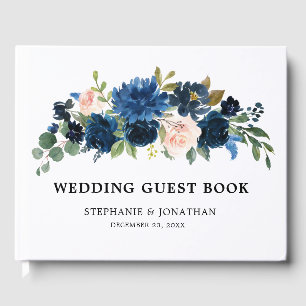 Navy Blue Blush Pink Rose Botanical Wedding Guest Book