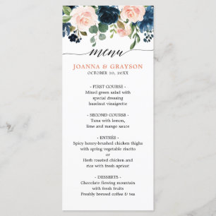 Navy Blue Blush Pink Rose Floral Boho Wedding Menu