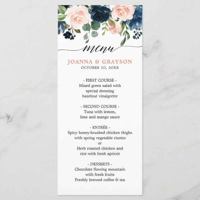 Navy Blue Blush Pink Rose Floral Boho Wedding Menu (Front)