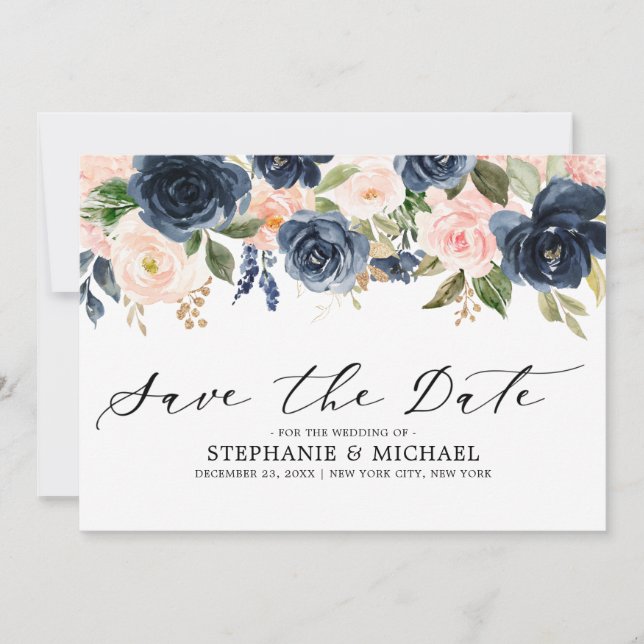 Navy Blue Blush Pink Rose Floral Save The Date (Front)