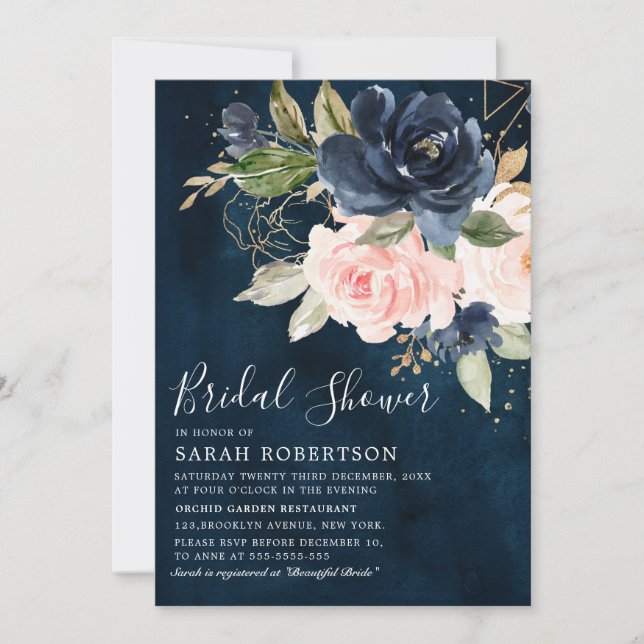 Navy Blue Blush Pink Rose Geometric Bridal Shower Invitation (Front)