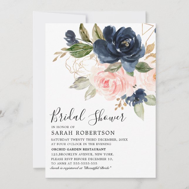 Navy Blue Blush Pink Rose Geometric Bridal Shower Invitation (Front)
