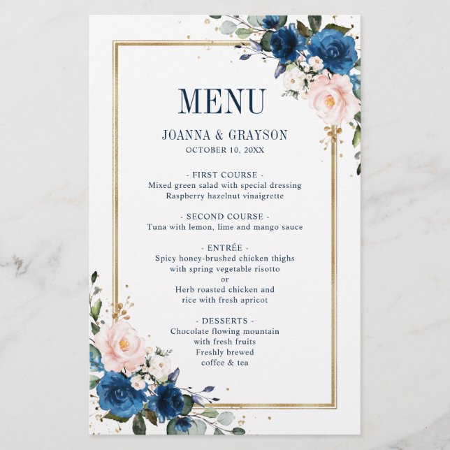 Navy Blue Blush Pink Rose Geometric Wedding Menu (Front)