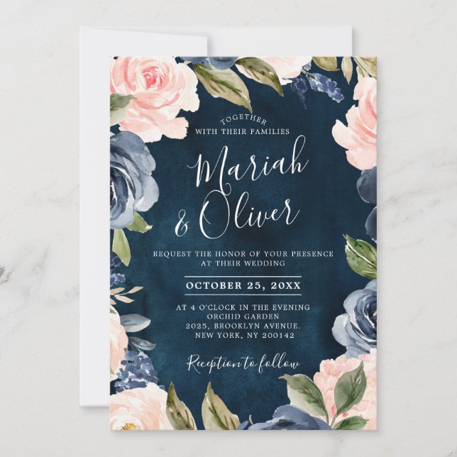 Navy Blue Blush Pink Rose Gold Boho Wedding Invitation (Front)