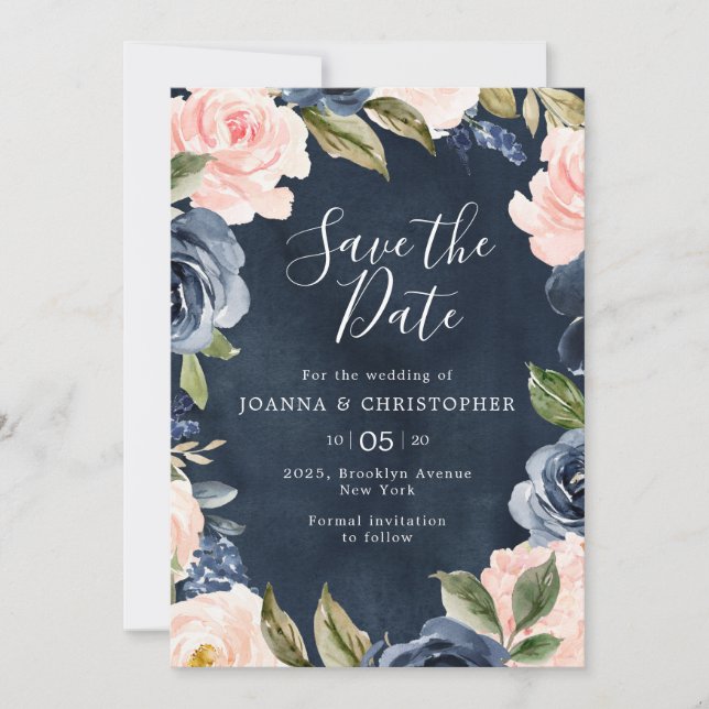 Navy Blue Blush Pink Rose Gold Boho Wedding Save The Date (Front)