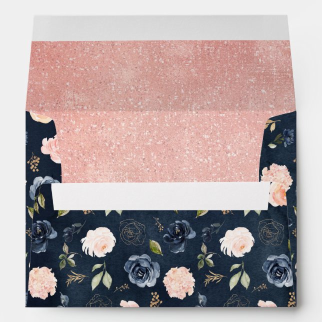 Navy Blue Blush Pink Rose Gold Floral Wedding Envelope (Back (Bottom))
