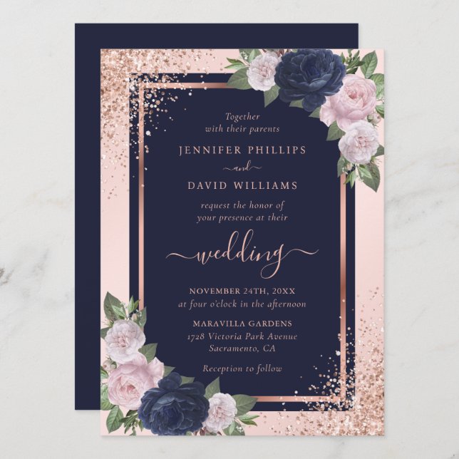 Navy Blue Blush Pink Rose Gold Floral Wedding Invitation (Front/Back)