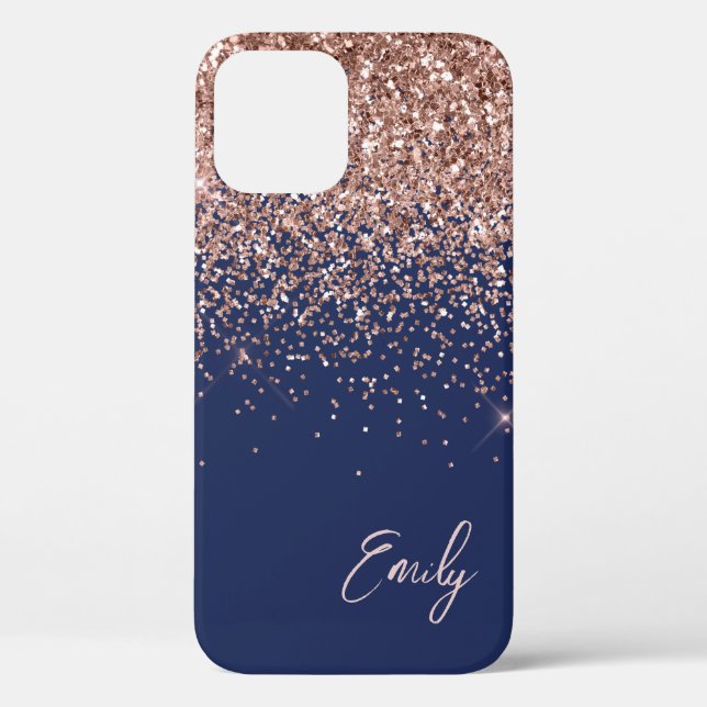 Navy Blue Blush Pink Rose Gold Glitter Monogram Case-Mate iPhone Case (Back)
