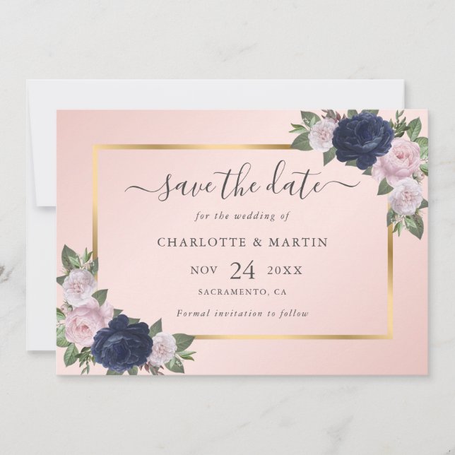 Navy Blue Blush Pink Rose Gold Wedding Save The Date (Front)