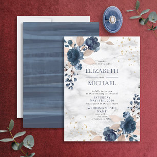 Navy Blue Blush PInk Rose Marble Floral Wedding Invitation