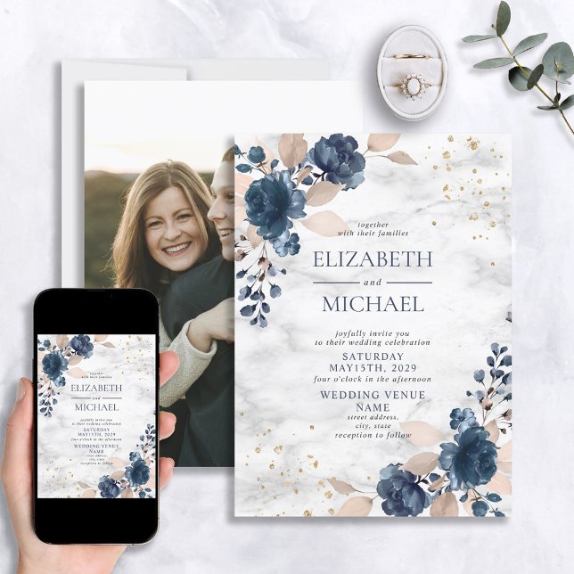 Navy Blue Blush PInk Rose Marble Floral Wedding Invitation (Creator Uploaded)