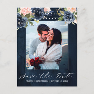 Navy Blue Blush Pink Rose String lights Photo Announcement Postcard