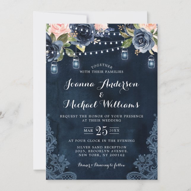 Navy Blue Blush Pink Rose String Lights Wedding Invitation (Front)
