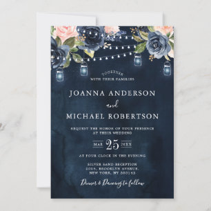 Navy Blue Blush Pink Rose String Lights Wedding Invitation