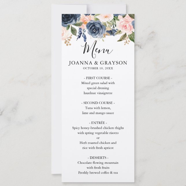Navy Blue Blush Pink Rose Wedding Menu Invitation (Front)