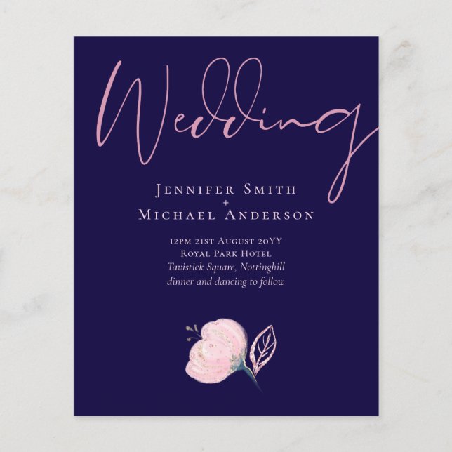 Navy Blue Blush Pink Rosegold Wedding Budget (Front)