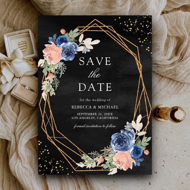 Navy Blue Blush Pink Roses Black Wedding Save The Date (Creator Uploaded)