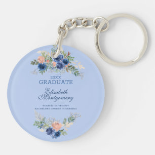 Navy Blue Blush Pink Roses Boho Graduation Key Ring