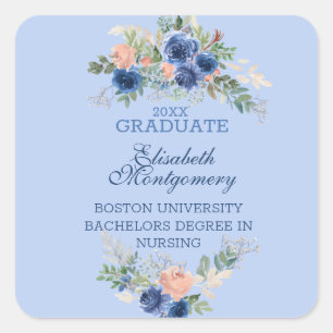 Navy Blue Blush Pink Roses Boho Graduation Square Sticker