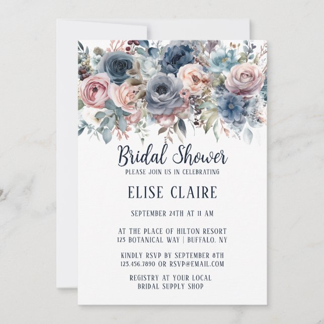 Navy Blue Blush Pink Roses Bridal Shower Invitation (Front)