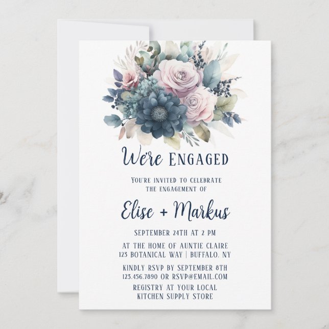 Navy Blue Blush Pink Roses Engagement Party Invitation (Front)