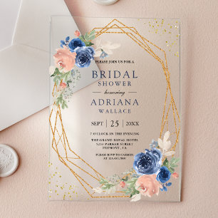 Navy Blue Blush Pink Roses Geometric Bridal Shower Acrylic Invitations