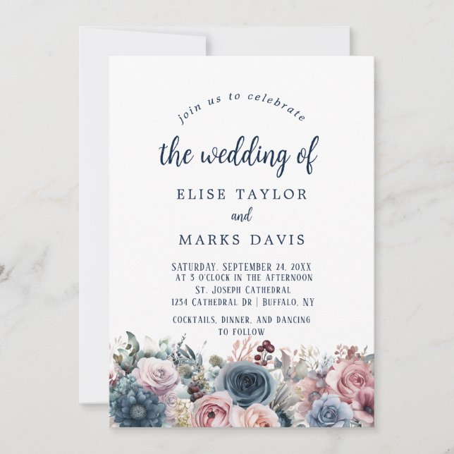Navy Blue Blush Pink Roses Wedding Invitation (Front)