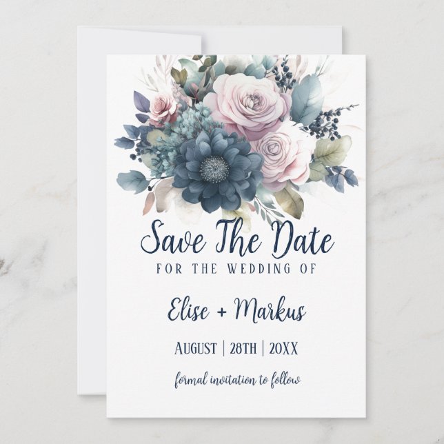 Navy Blue Blush Pink Roses Wedding Save The Date Invitation (Front)