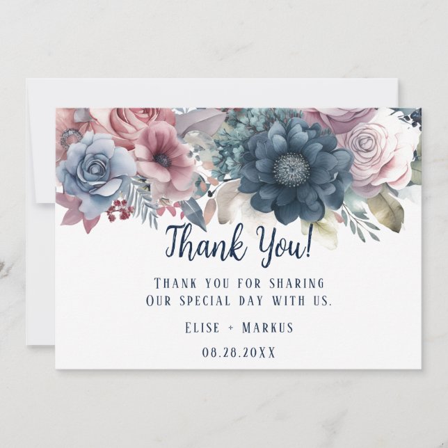 Navy Blue Blush Pink Roses Wedding Thank You Cards (Front)