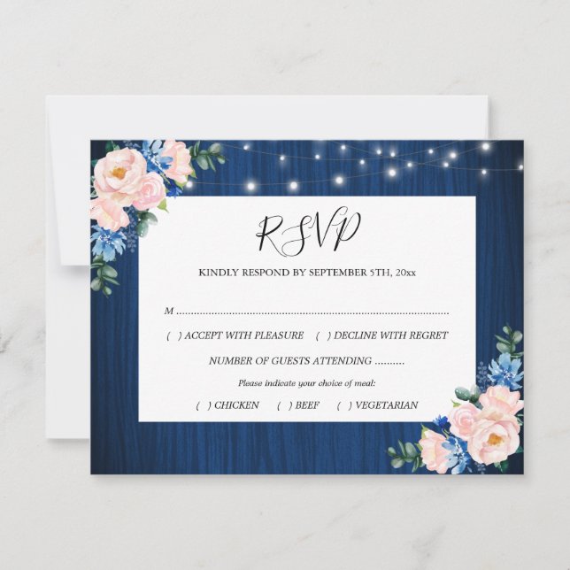 Navy Blue Blush Pink String Lights Floral Wedding RSVP Card (Front)
