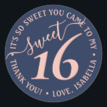 Navy Blue Blush Pink Sweet 16 Birthday Party Favou Classic Round Sticker<br><div class="desc">Add a chic and modern finishing touch to envelopes and favours with these navy and pink sweet 16th birthday party round stickers. Design features a girly blush pink handwritten style script typography on a trendy navy blue background. Text in a circle is simple to customise. These elegant labels make a...</div>