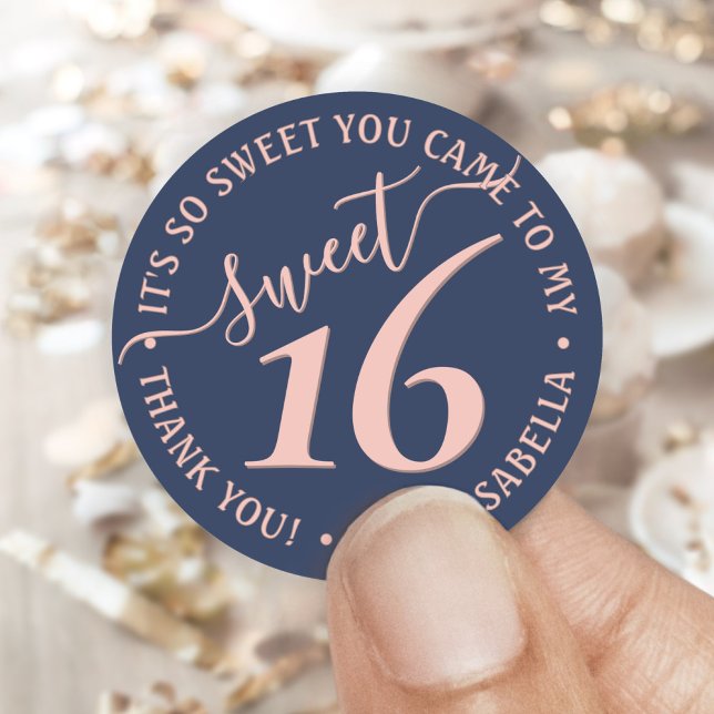 Navy Blue Blush Pink Sweet 16 Birthday Party Favou Classic Round Sticker (Creator Uploaded)