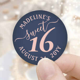 Navy Blue Blush Pink Sweet 16 Birthday Party Favou Classic Round Sticker