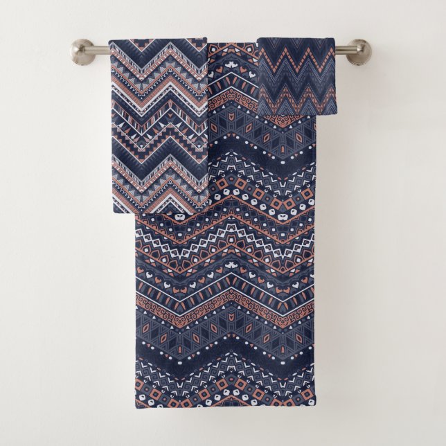 NAVY BLUE & BLUSH PINK TRIBAL ETHNIC PATTERNS BATH TOWEL SET (Insitu)