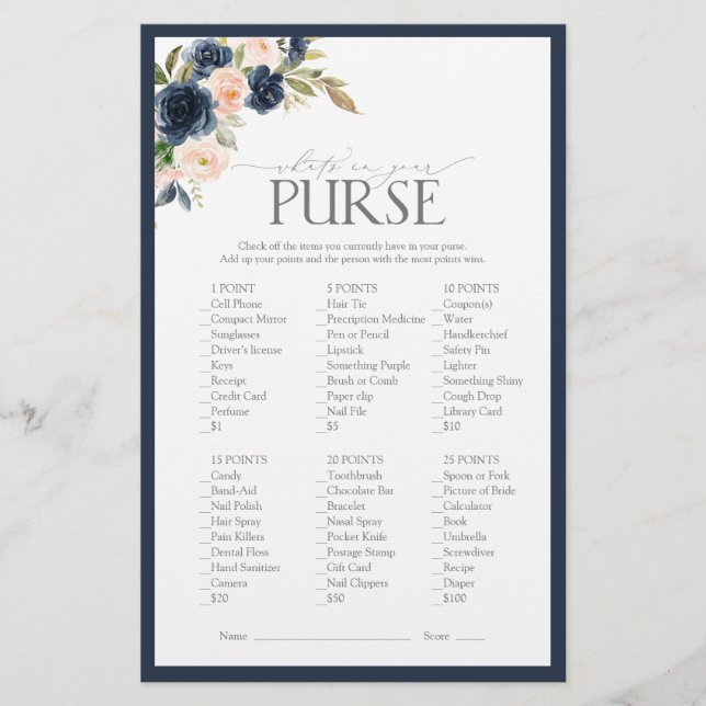 Navy Blue Blush Pink Watercolor Bridal Shower Game (Front)